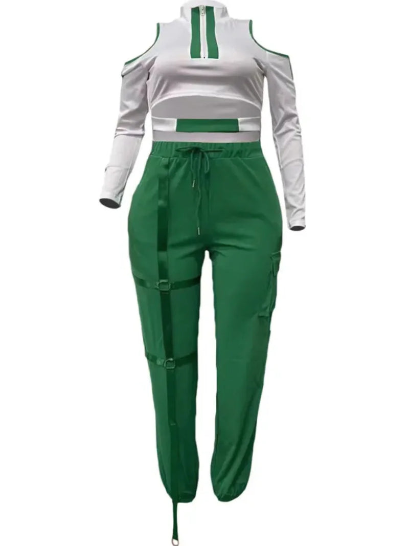 Color Block Zipper Cut Out Round Neck Cold Shoulder Pierced Drawstring Two Piece Pants Set