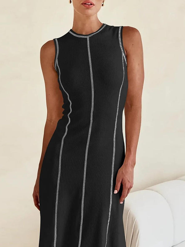 A-line Sleeveless Split-joint Striped Round-neck Maxi Dresses