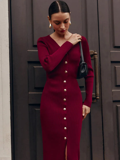 Autumn V-neck Knit Long Dress for Ribbed Patchwork Cardigan Slim Party Dress Female Knitwear Maxi Dress