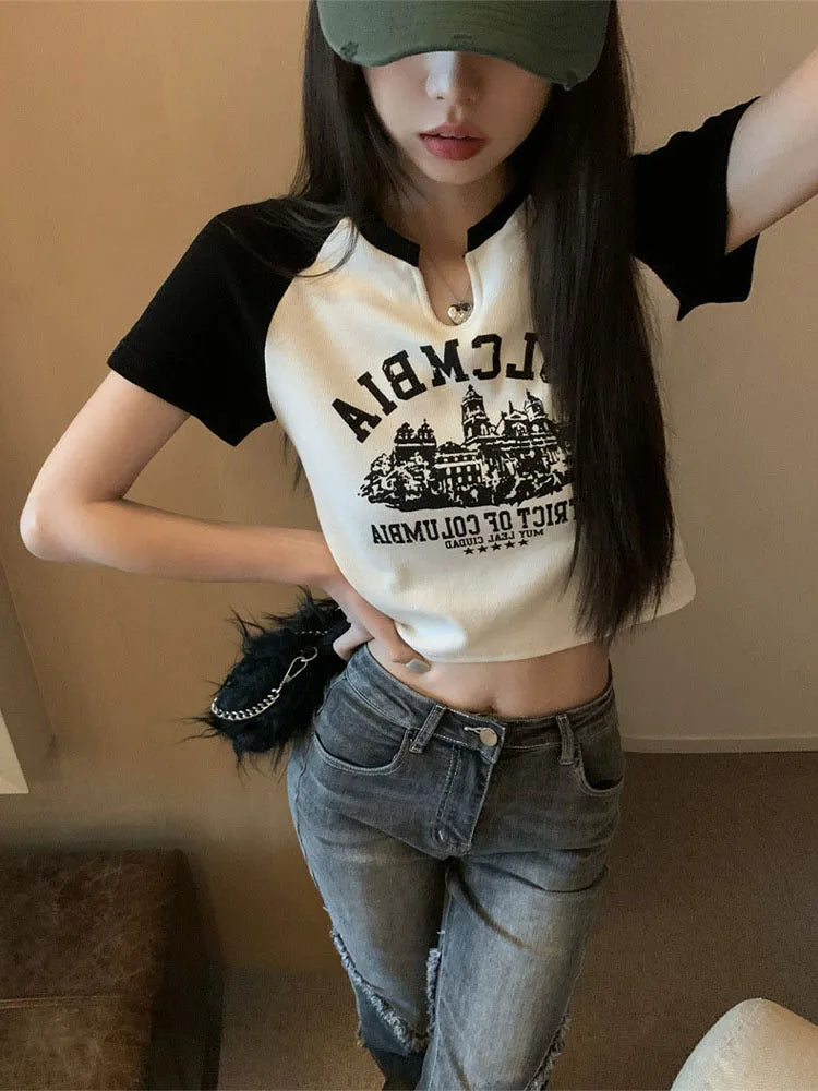 Printed T-shirts Slim V-neck Crop Top Y2k Aesthetic Short Sleeve Grunge Tee Korean Version Pullovers