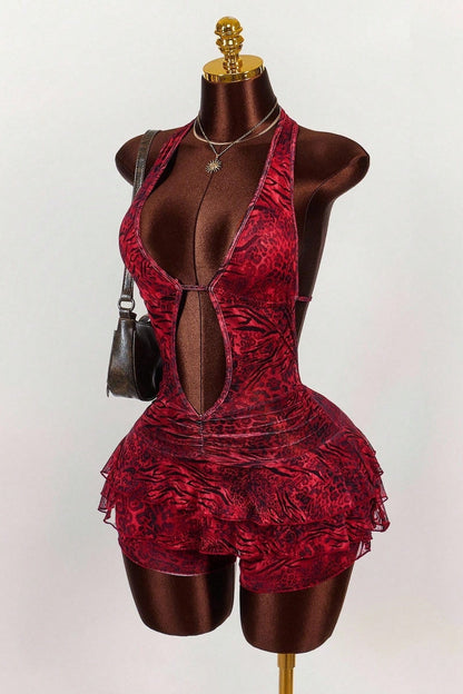 Leopard Print Halter Tie Tiered Mini Dress