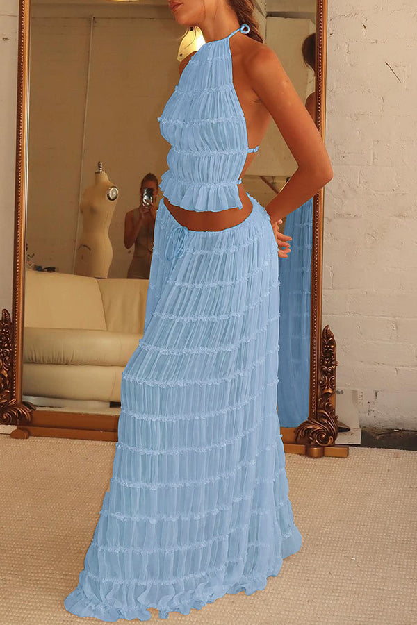 Versatility and Charm Pleated Drawstring Waist Tiered Maxi Skirt