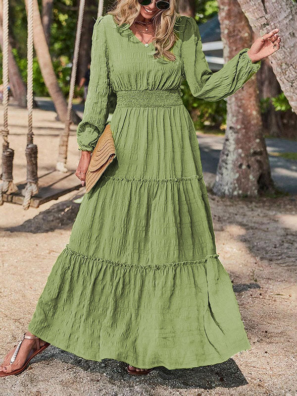 A-line Long Sleeves Elasticity Color Split-joint V-neck Maxi Dresses