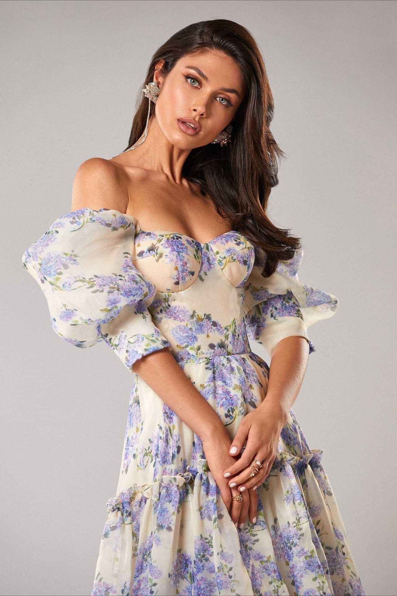 Print Off Shoulder Puff Sleeve Organza Maxi Dress