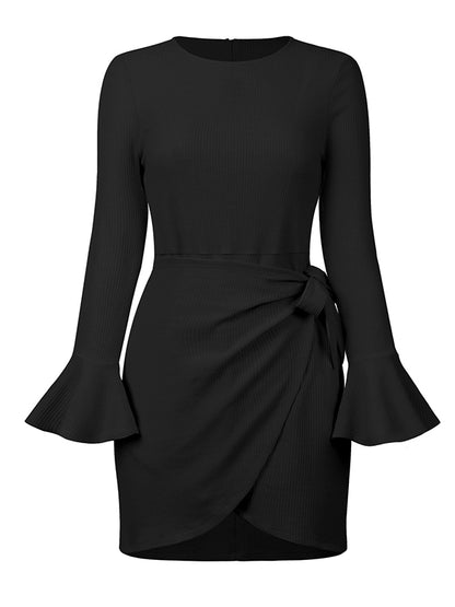 Simple Long Sleeves Skinny Tied Falbala Color Round-neck Mini Dresses