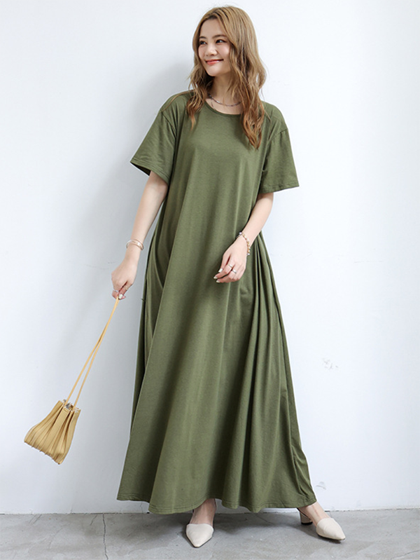 Simple Loose Short Sleeves Color Round-neck Maxi Dresses