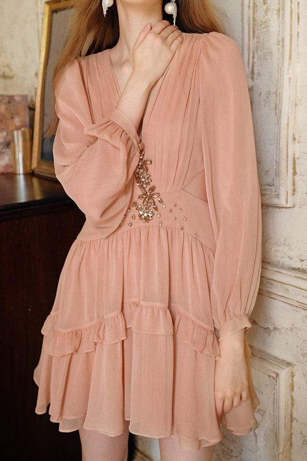 Deep V Cut Out Waist Rhinestone Chiffon Mini Dress