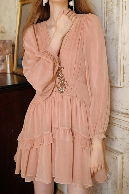 Deep V Cut Out Waist Rhinestone Chiffon Mini Dress