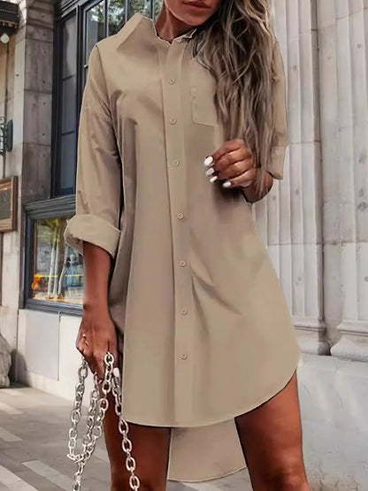 High-low Long Sleeves Color Split-side Lapel Mini Dresses Shirt Dress