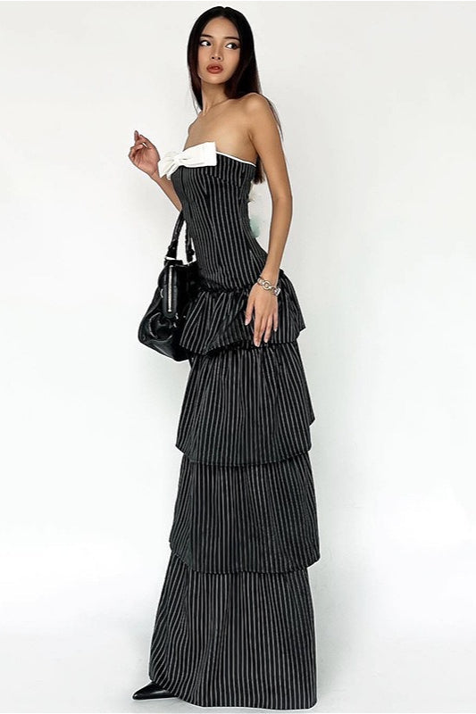 Striped Ruffle Hem Strapless Maxi Dress