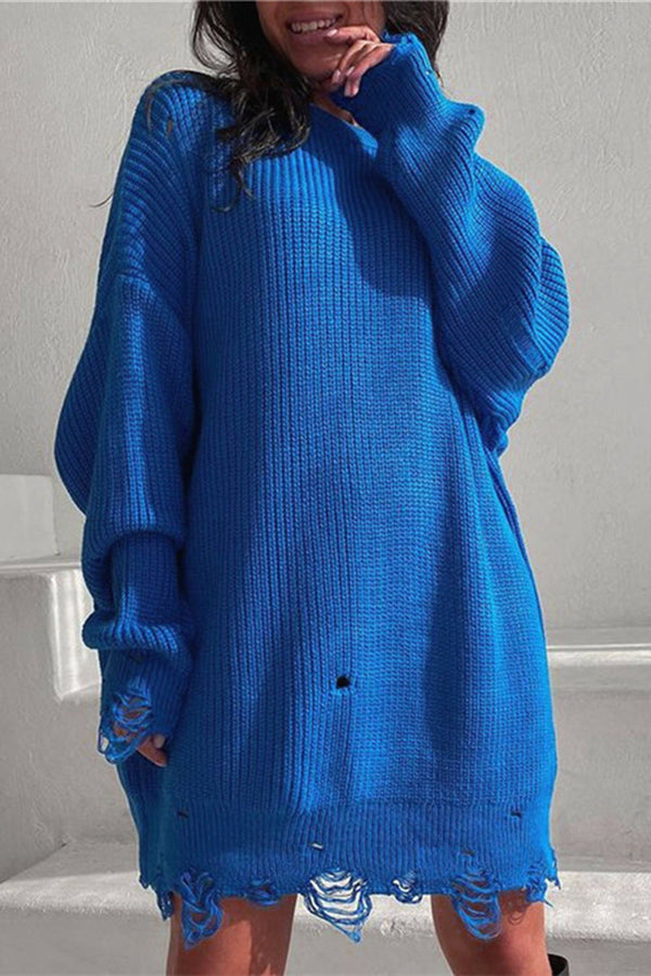 Color Loose Ripped Knitted Mid-length Sweater
