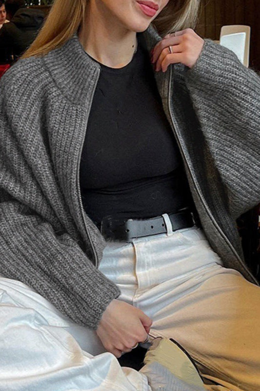 Minimalist Color Double Zipper Stand Collar Sweater