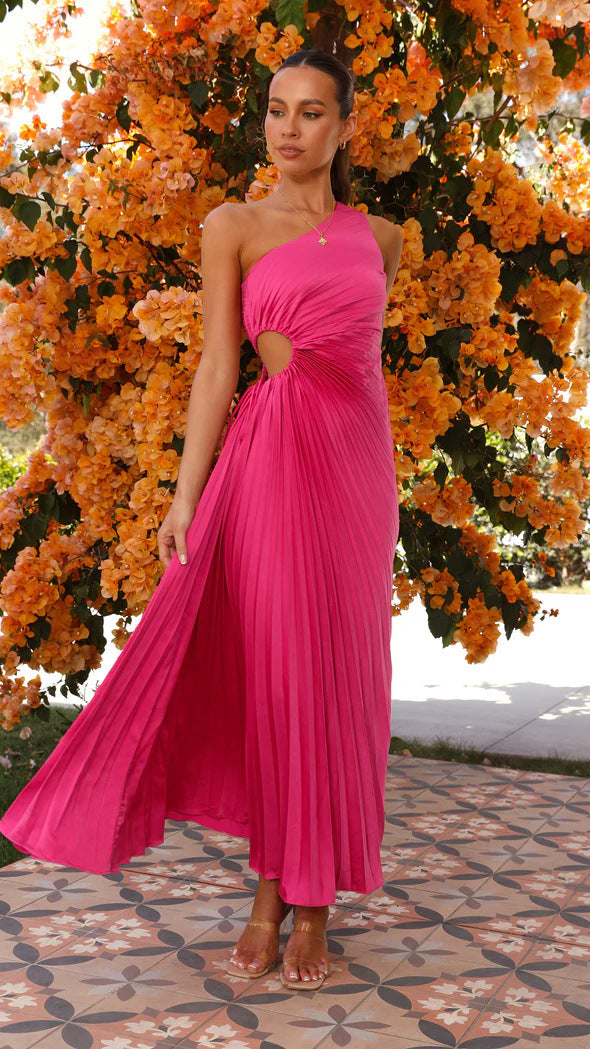 Pleated One Shoulder Cut-out Waist Midi Dress