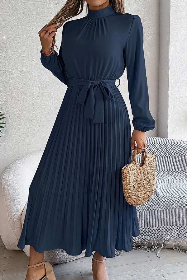 Stand-collar Long-sleeve Waisted Tie-up Pleated Midi Dress