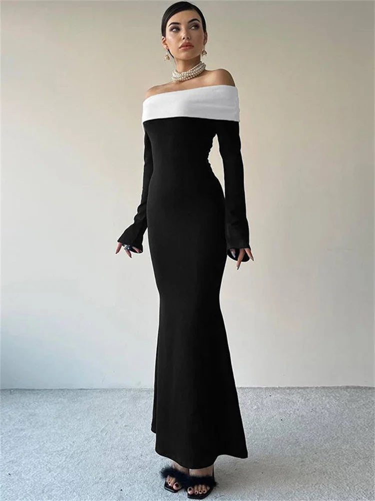 Off-shoulder Patchwork Slim Maxi Dress for Long Sleeve High Waist Backless Party Dress Female Autumn Outfit
