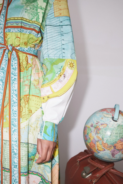 Travel Around the World Unique Print Balloon Sleeve Belt Shirt Midi Dress