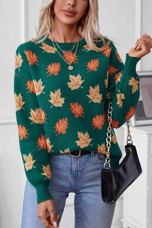 Maple Leaf Pattern Jacquard Pullover Sweater for