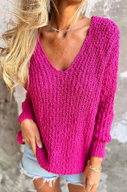 Color V-neck Long-sleeved Loose Knitted Sweater