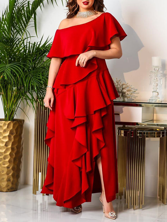 Layered Ruffled Color Split-front One-shoulder Maxi Dresses