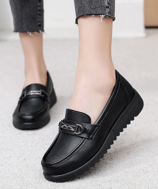 Black Cowhide Leather Splicing Flat Feet Shoes