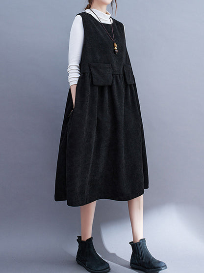 Artistic Retro Loose Sleeveless Color Round-neck Midi Dresses