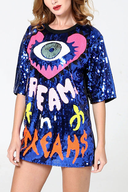 Love Eyes Letters Sequined Round Neck Short Sleeve Mid-length Loose T-shirt