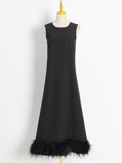 Simple Sleeveless Loose Feathers Color Midi Dresses