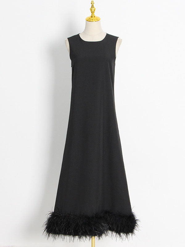 Simple Sleeveless Loose Feathers Color Midi Dresses