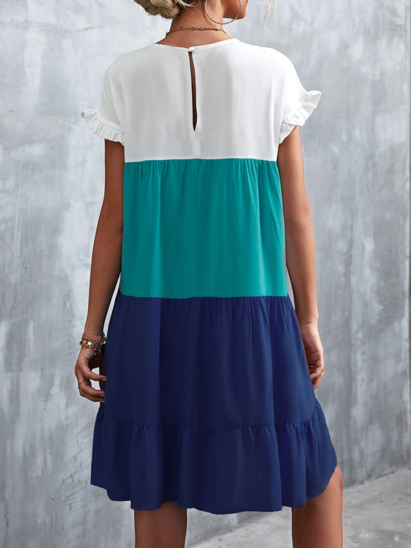 Loose Ruffle Sleeves Contrast Color Falbala Pleated Split-joint Round-neck Mini Dresses