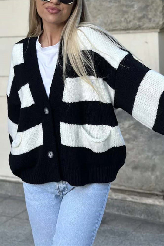 V-neck Long-sleeved Striped Pocket Knitted Cardigan
