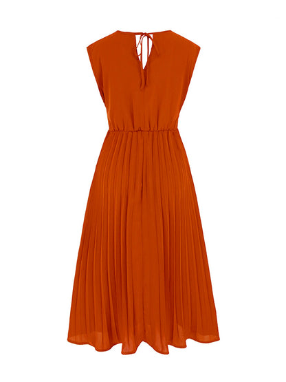 Sleeveless Pleated Color Tied Waist V-neck Midi Dresses