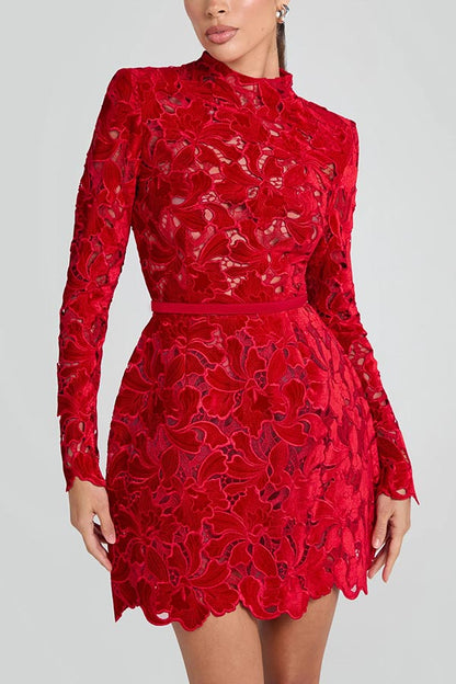 Lydia Embroidered Lace Long Sleeve Belt Tulip Shaped Mini Dress