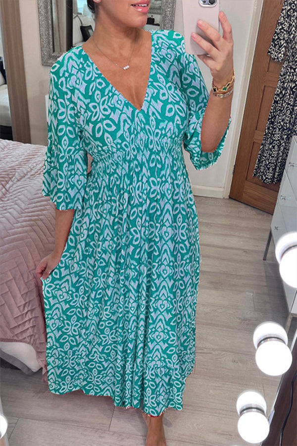Print V-neck Waist Wrap Long Dress