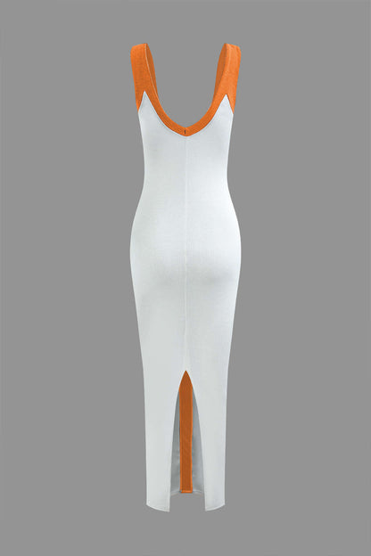 Colorblock V Neck Knit Slim Split Maxi Dress