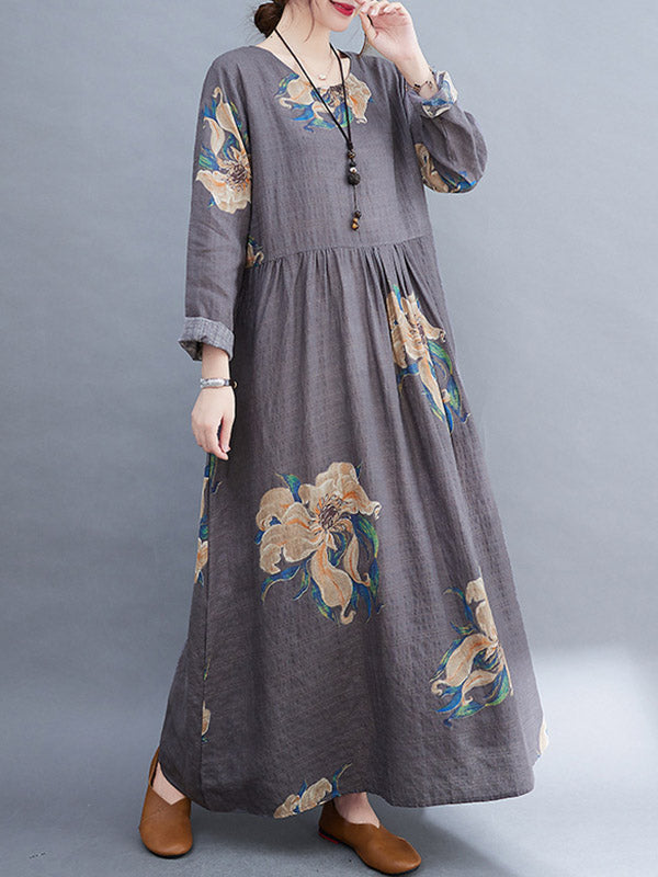 Loose Pleated Flower Printed Round-neck Long Sleeves Maxi Dress