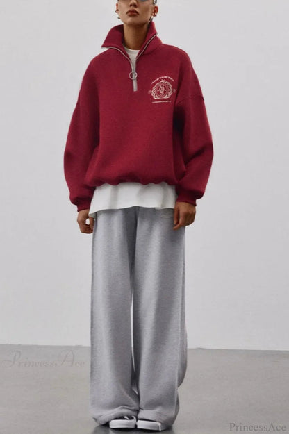 Fleece-lined Letter Embroidery Stand Collar Half-zip Sweatshirts