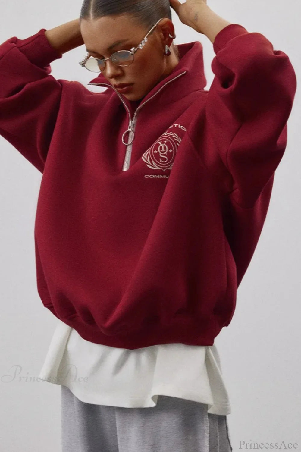 Fleece-lined Letter Embroidery Stand Collar Half-zip Sweatshirts