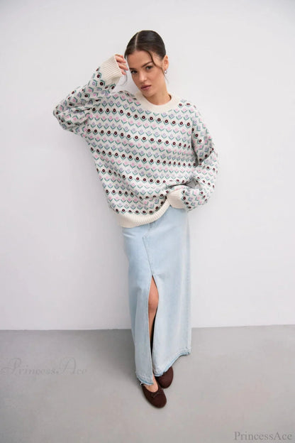 Jacquard Crew Neck Knit Sweater