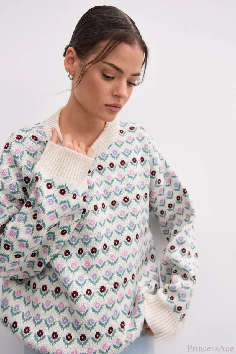 Jacquard Crew Neck Knit Sweater