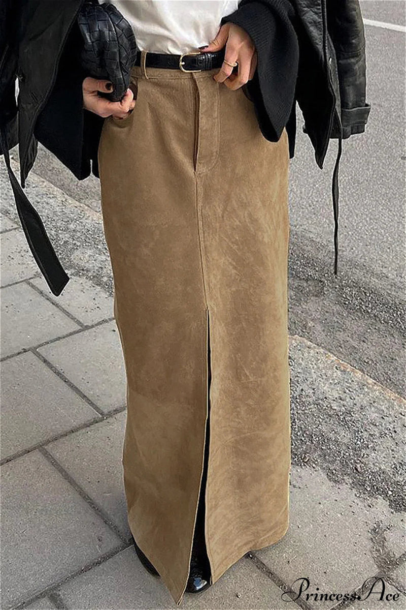 French Retro Suede High Waist Split Maxi Skirt