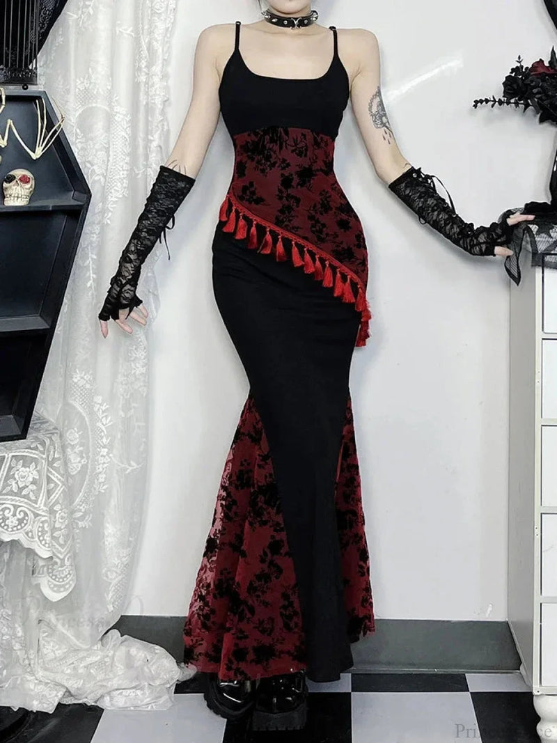 Fringe Spaghetti Strap Form-fitting Maxi Dress