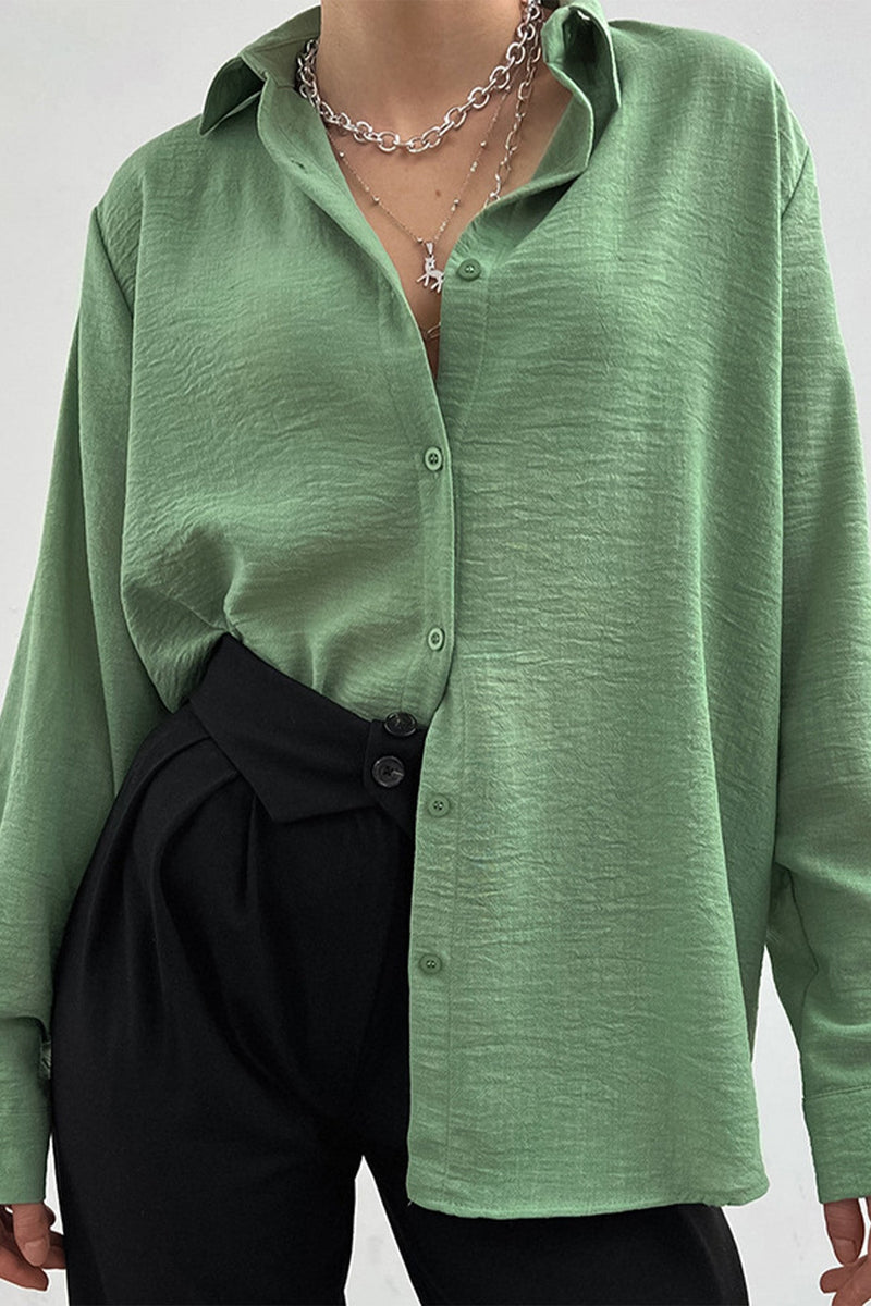 Color Lapel Long Sleeve Button-up Blouse