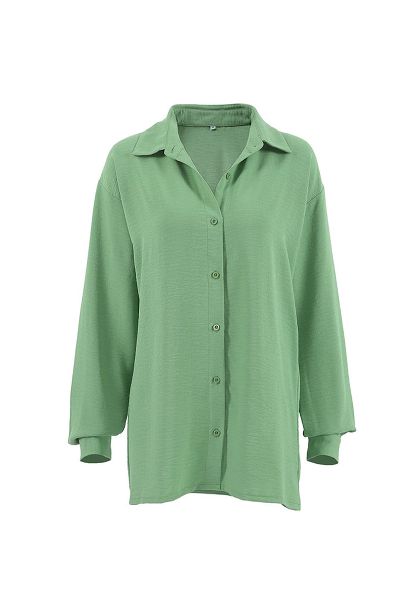 Color Lapel Long Sleeve Button-up Blouse