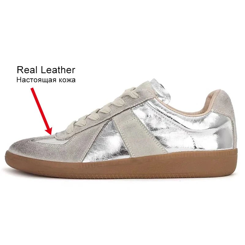 Genuine Leather Silver Sneakers - Lace-up Athletic Flats