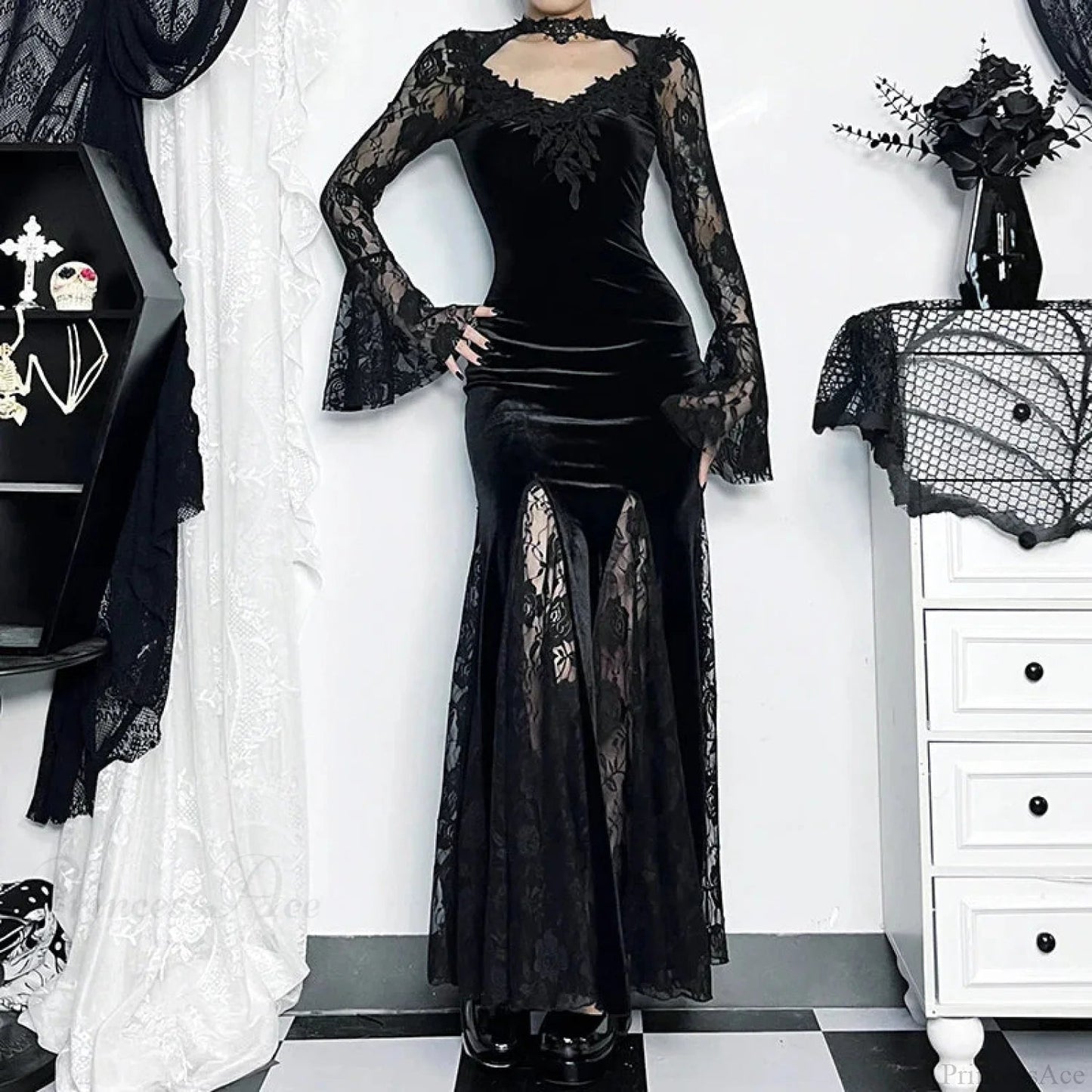 Gloomy Lace Fishtail Tiny Slim Midi Dress