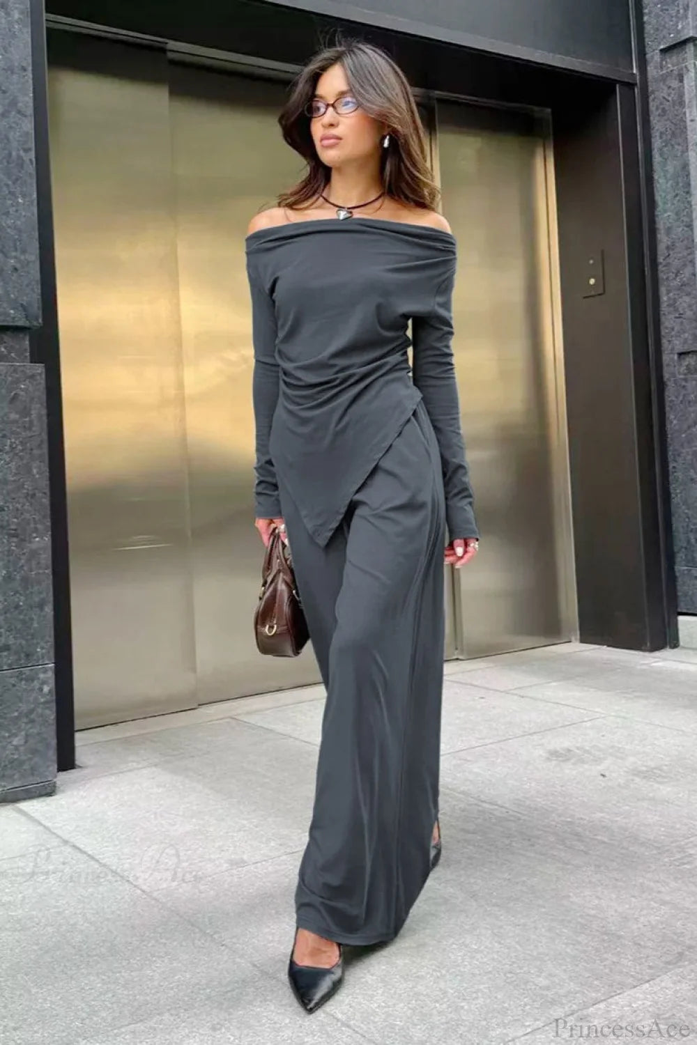 Gray Knit Off-the-shoulder High Waist Wide Leg Two Piece Set