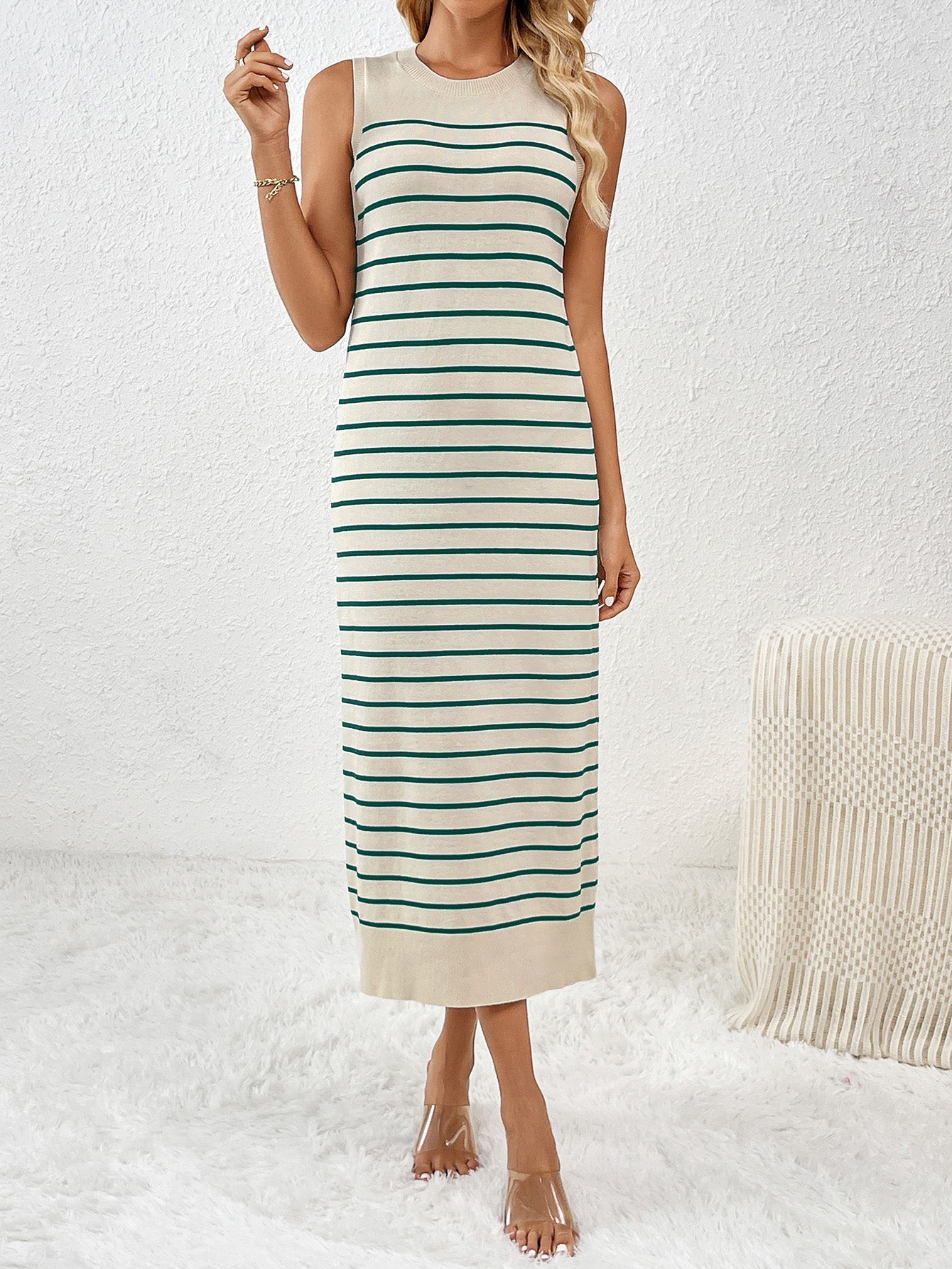 Dancing on Air Striped Knit Midi Dress - Green