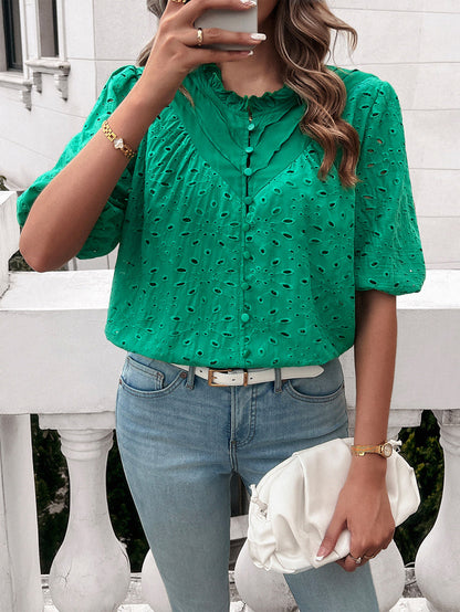 Ventura Eyelet Short Sleeve Blouse - Green
