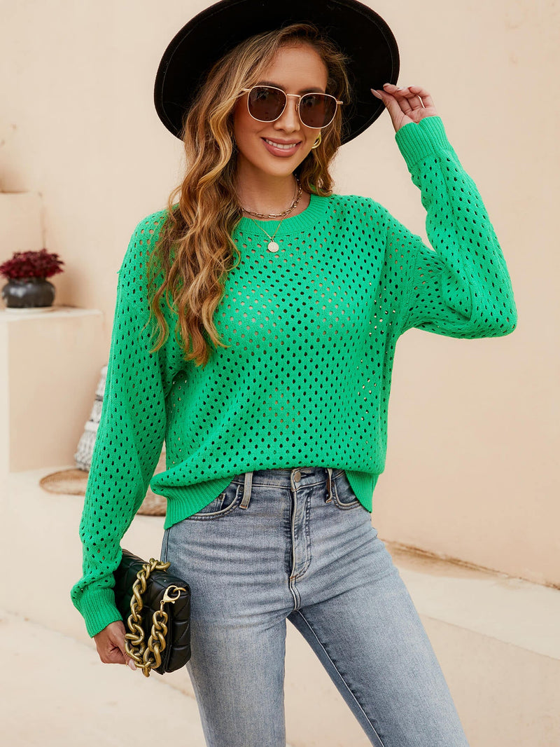 Izzy Crochet Knit Pullover Sweater - Green