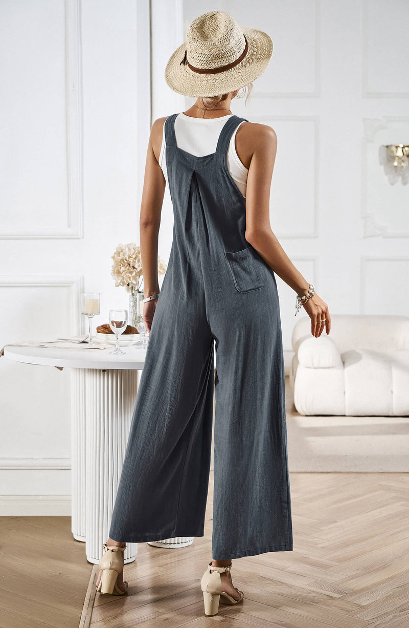 Linette Wide Leg Linen Overalls - Grey